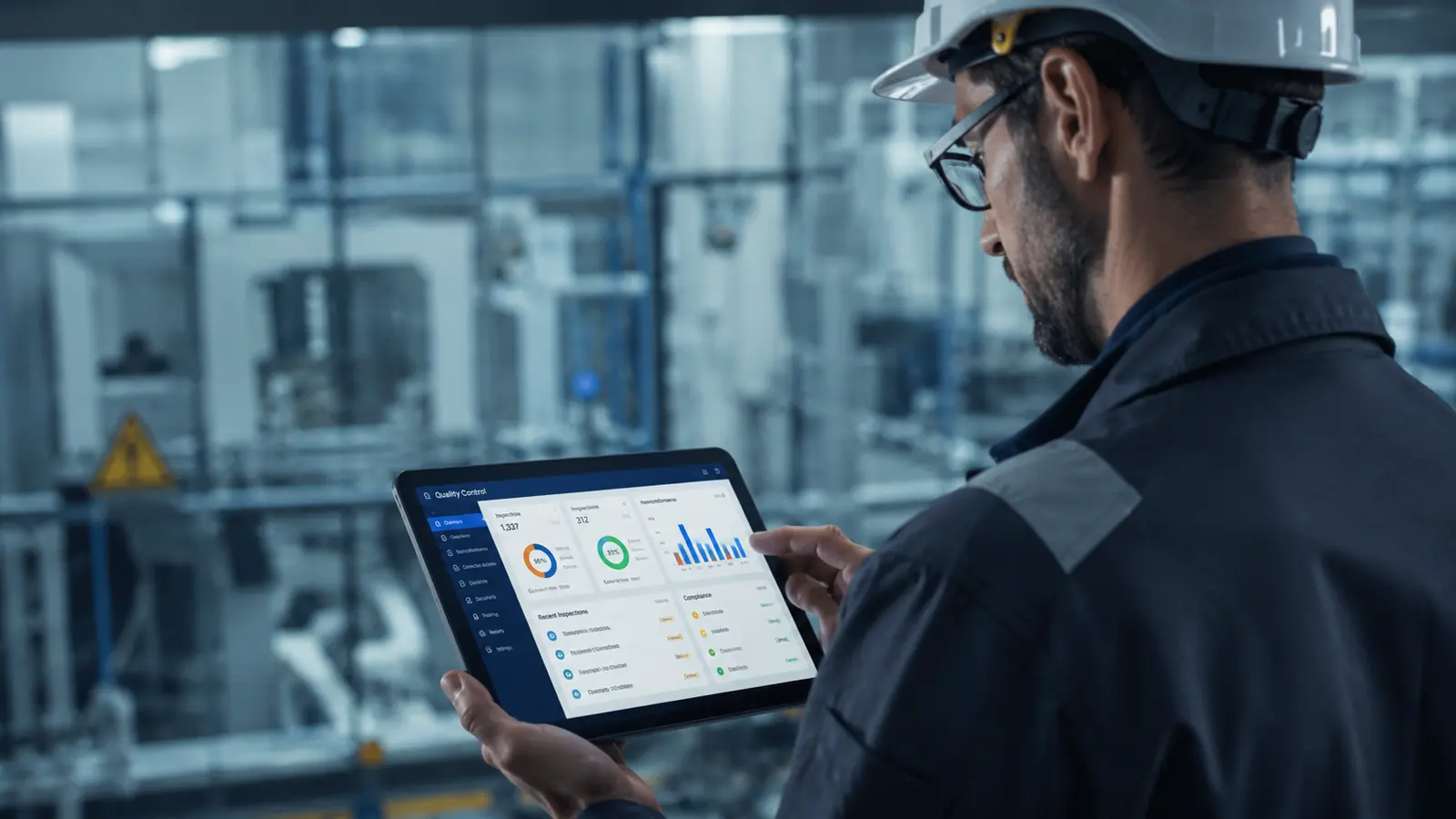 Profesional industrial supervisando estándares de calidad en una plataforma digital